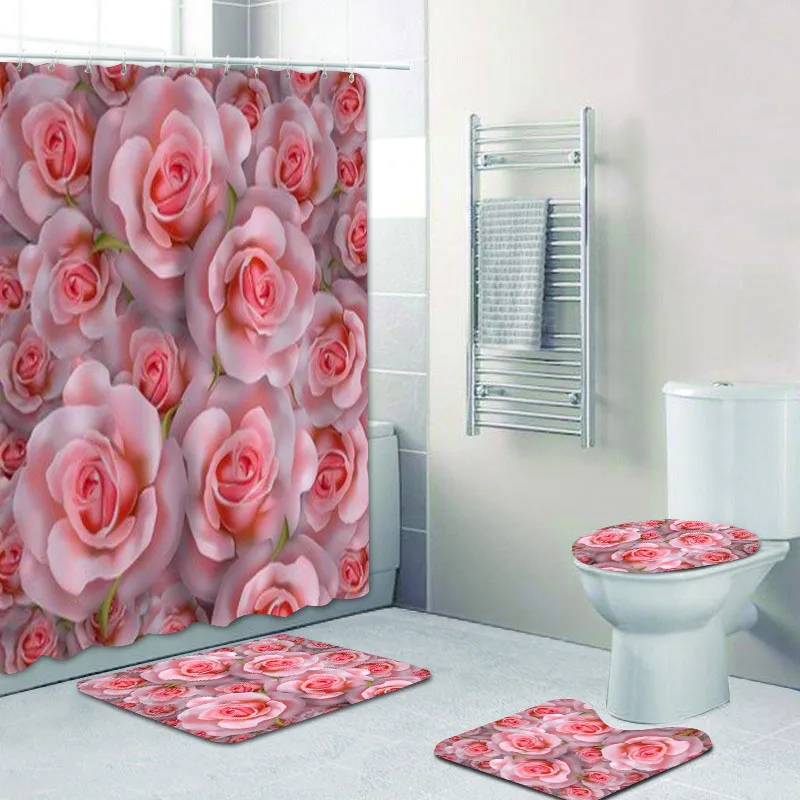 Floral Shower Curtain Waterproof Flowers With Pearl Fabric Bathroom Shower Curtain Sets With Rugs Polyester Shower Stall Surtain