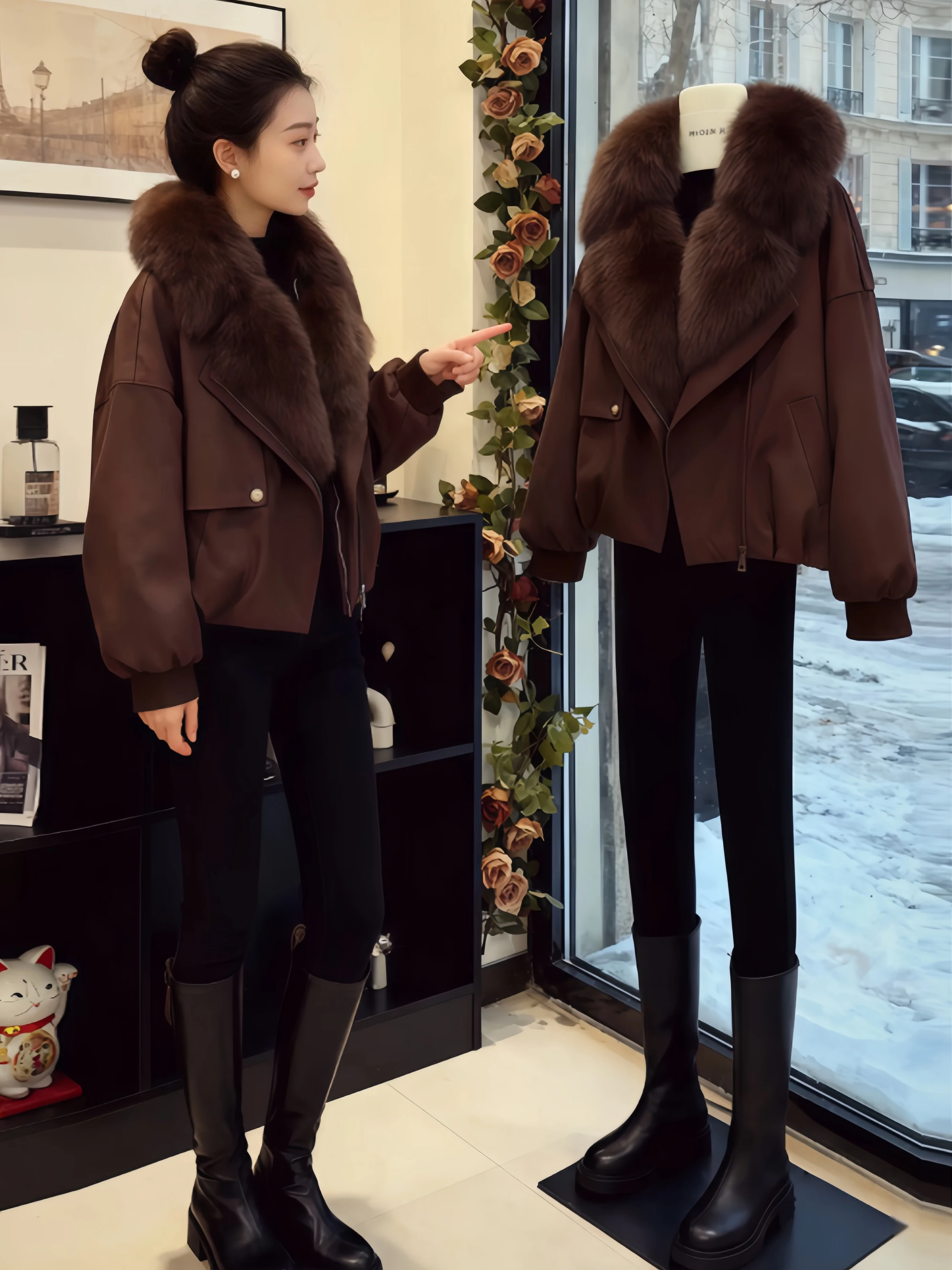 

Trendy Short Parka Coat Women's Winter Warm Cotton Jacket Thick Outerwear Large Fur Collar Korean Style Loose Fit Long Sleeve