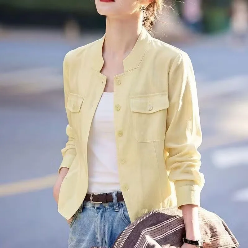 Fashion Advanced Solid Color Cardigan Loose Yellow Coat Age-Reducing Temperament Casual Joker Coat Single-breasted Coat Woman