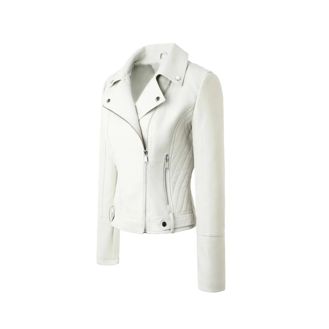 

Slim Fit Motorcycle Women's PU Jaet Multiple Zippers ort Leather Coat Sli Youthful Thiened Artificial Leather Coat