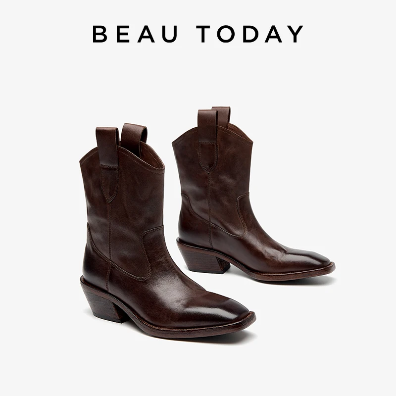 BEAUTODAY Knight Boots Women Horse Leather Solid Color Western Boots Square Toe Ankle Boots Slip-on Ladies Shoes Handmade 06127