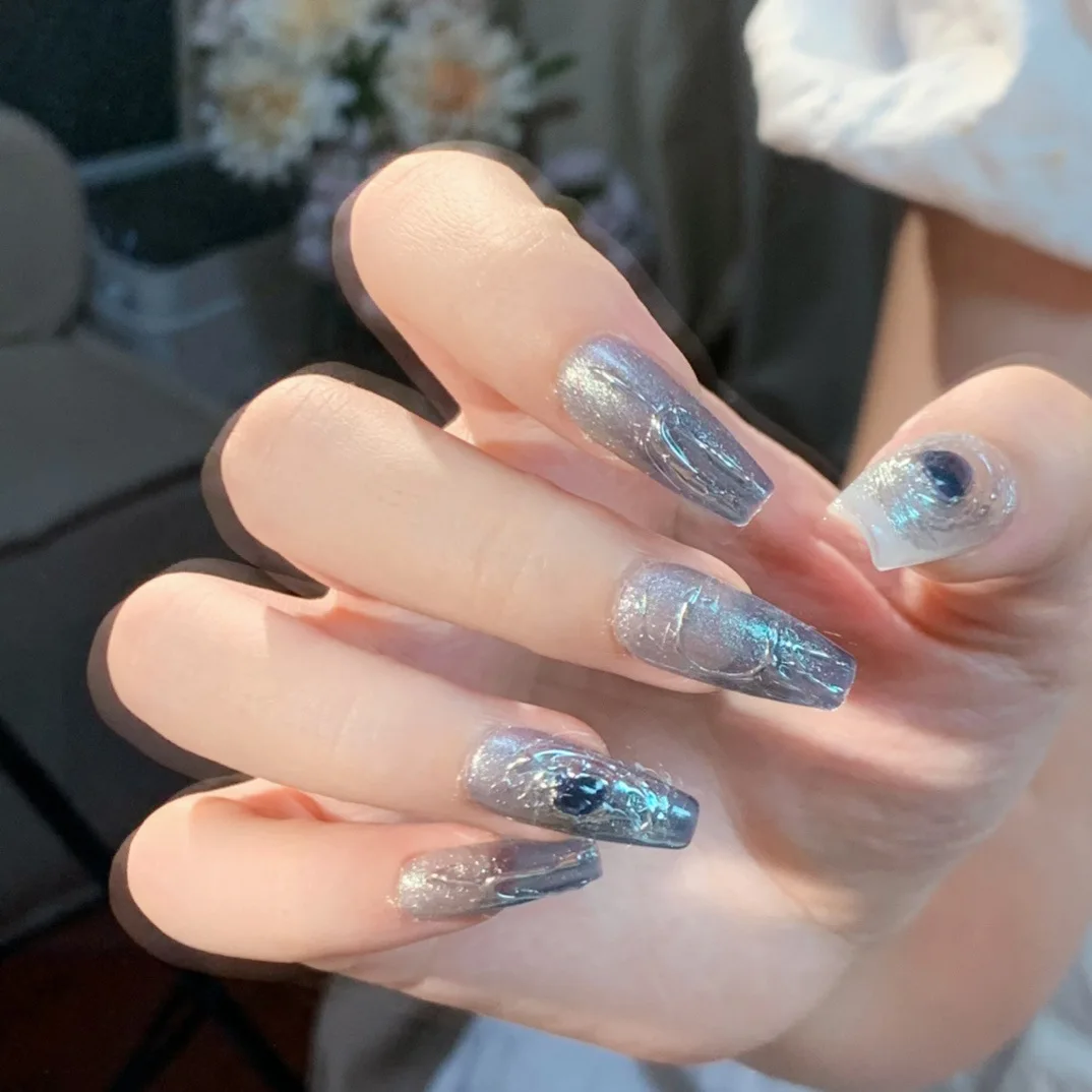 Handmade Press On Nails Shaking Starry Sky Blue with Removable and Elegant and White Design for Dreamy and Fairy Style.No.24586