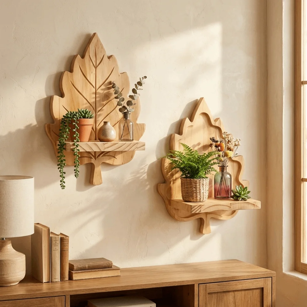 Wooden Maple Leaf Wall Shelf Stable Nature Style Wooden Leaf Floating Shelf with Screws Decorative Wall Mounted Leaf Shelf