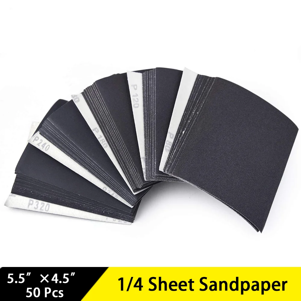 50 Pcs 1/4 Sheet Sandpaper Hook & Loop or Clip on Sander Sheets 5.5" x 4.5" for Wet/Dry Palm Sanders Polishing Accessories