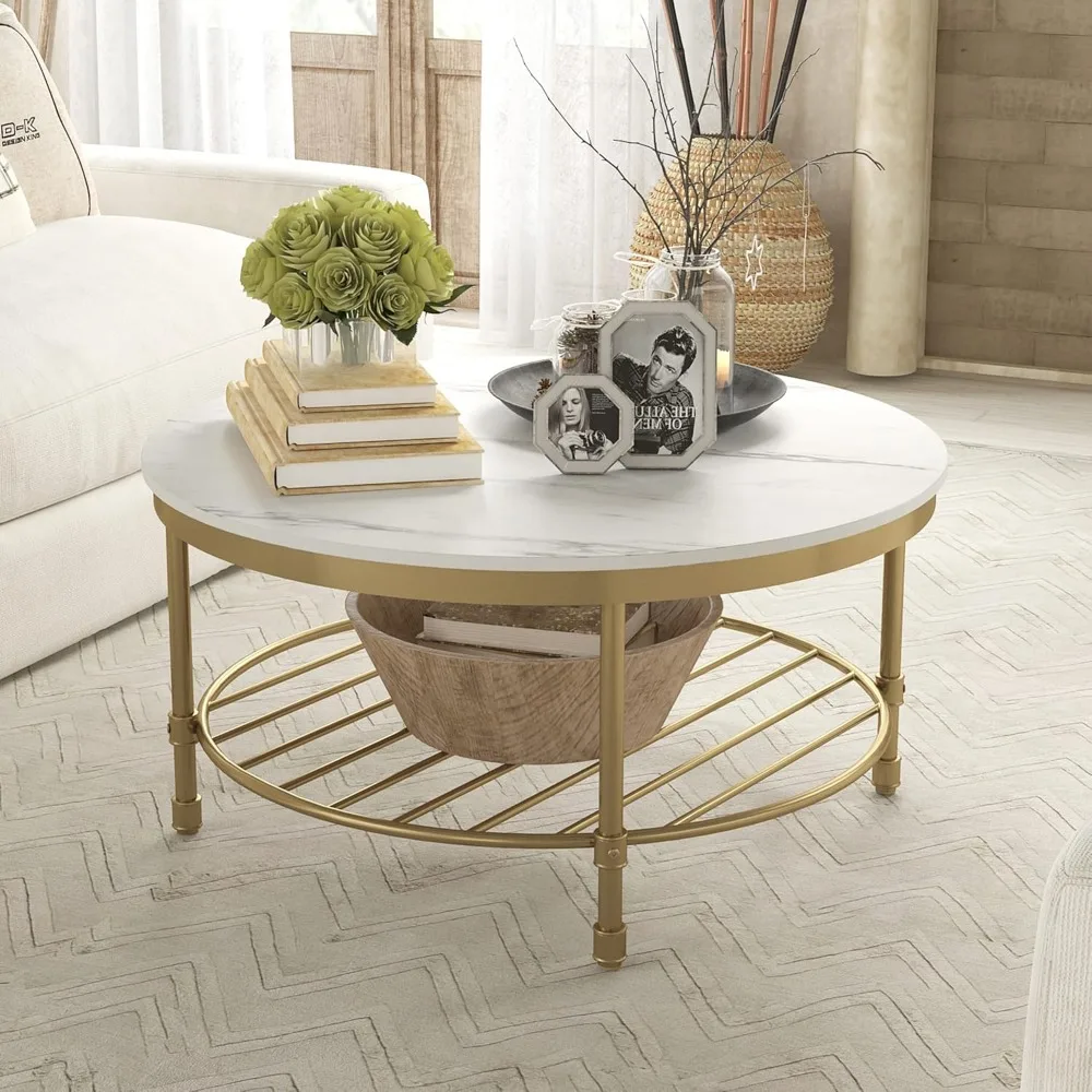 

Round Coffee Table for Living Room, 2-Tier Modern Coffee Table with Open Storage Shelf, Industrial Rustic Steel Accent Tab
