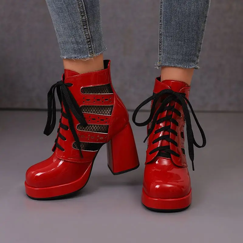 REAVE CAT Fashion Women Ankel Boots Toe Block Heels Platform Lace Up Size 42 43 Leisure Daily stivaletti estivi femminili