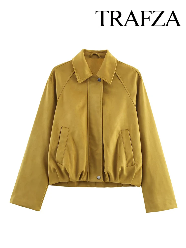 

TRAFZA Women Autumn Fashion Vintage Suede Effect Pilot Short Jacket Female Lapel Zipper Pocket Decoration Long Sleeve Coat Mujer