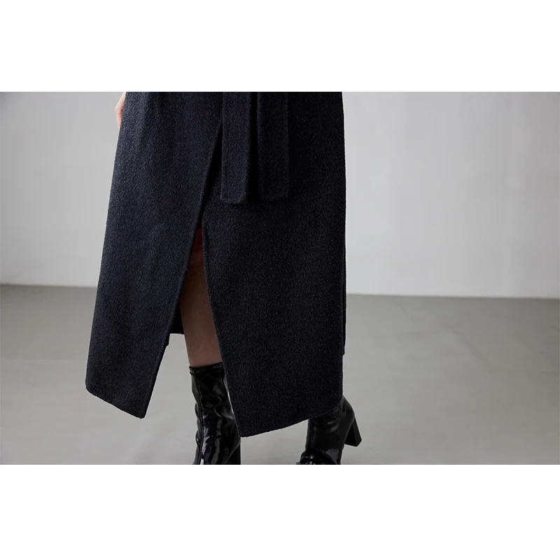 Casaco feminino de caxemira dupla face azul de comprimento médio de alta qualidade |   Estilo casual, agasalhos clássicos de lã com lapela larga