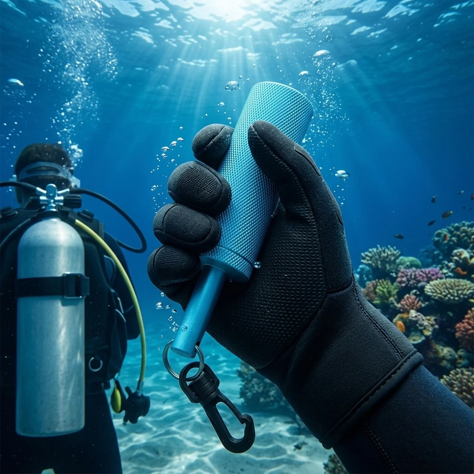 Aluminum Alloy Scuba Dive Rattle with Clear Signal Sound and Rotating Quick Hook for Secure Attachment to Diving Equipment