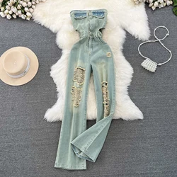 Women Summer Strapless Denim Jumpsuit Casual High-waisted Skinny Hole Button Denim Wide-leg Jumpsuit Rompers