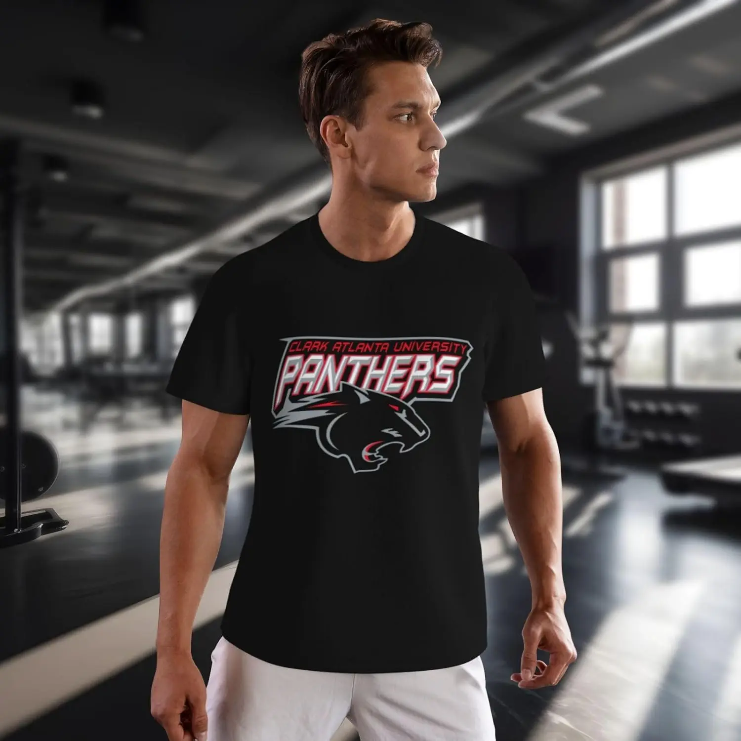 تي شيرت رجالي برقبة دائرية بشعار جامعة كلارك أتلانتا، ماص للرطوبة الجافة، أكمام قصيرة شبكية قابلة للتنفس