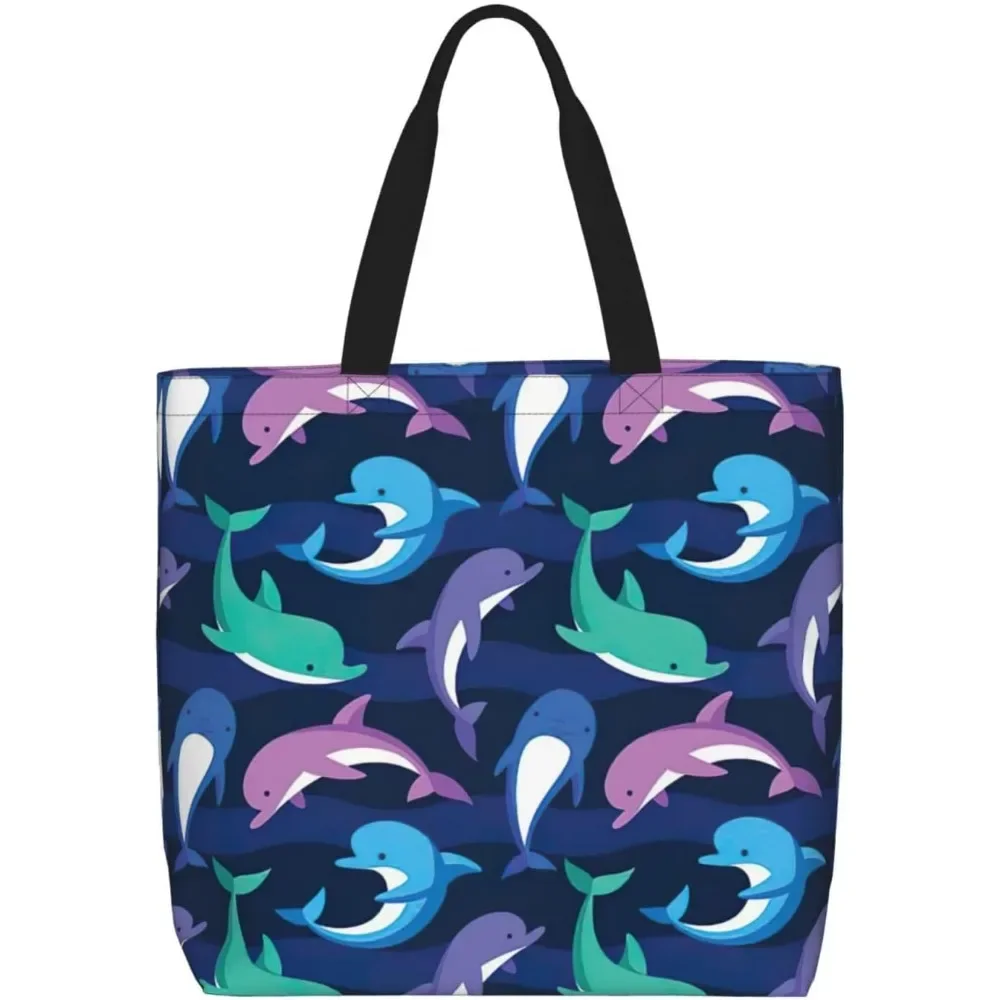 

Cute dolphin Print Tote Bag, Reusable Shopping Bag, Large Capacity Zipper Single Shoulder Convenience Bag