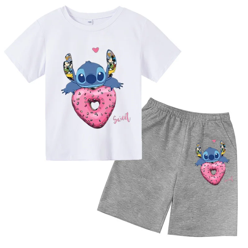 

Stitch Disney Summer Creative Love Print clothing Cotton kids T-shirt Boys girls Crewneck Casual tee sets