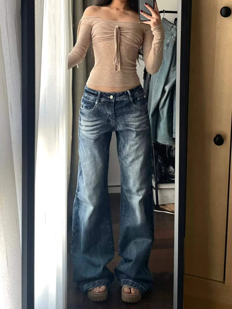 HOUZHOU Y2k Vintage Baggy Jeans a gamba larga per le donne Lavato Casual a vita alta Pantaloni in denim larghi Streetwear Pantaloni svasati coreani