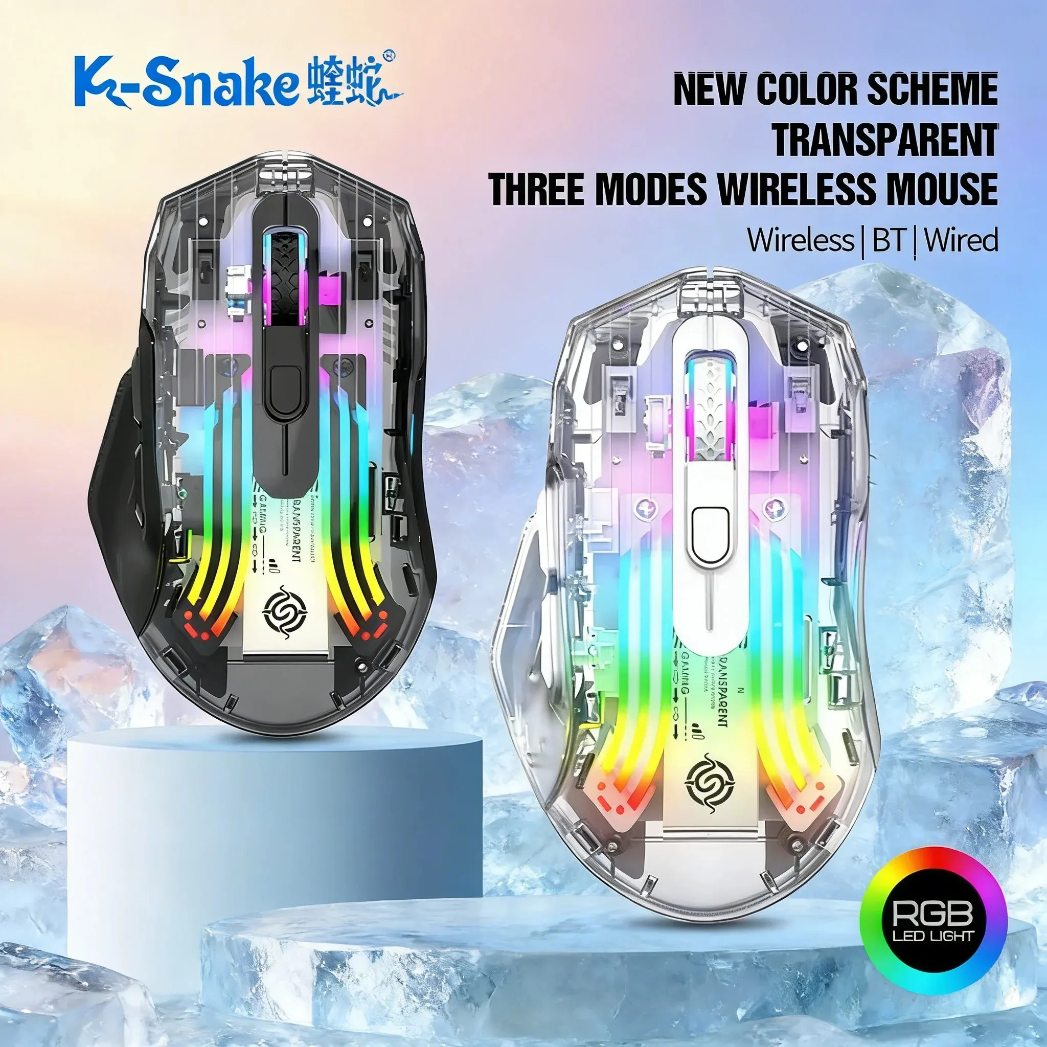 Tri-mode Transparent RGB Wireless Mouse 2.4G/Bluetooth/Wired Rechargeable 3600 DPI Silent Click For Office Gaming