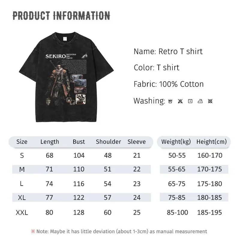 Sekiro Wolf T Shirt Hip Hop PC Game Vintage Washed Tops Tees Oversized Short Sleeve T-Shirt Retro Sweatshirts Man 100% Cotton