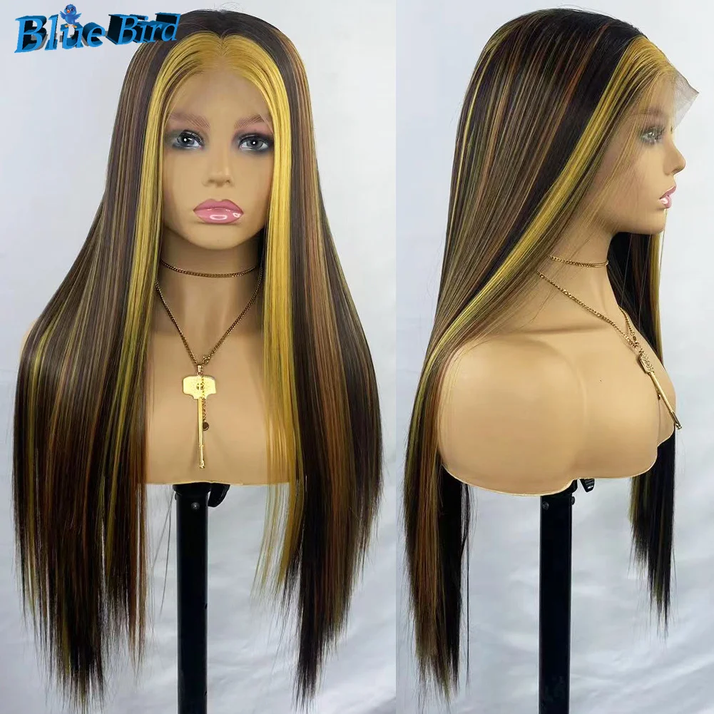 BlueBird Yellow Highlights 13x4 Glueless Futura Synthetic Lace Front Wigs For Women Glueless Silky Straight Heat Resistant Wig