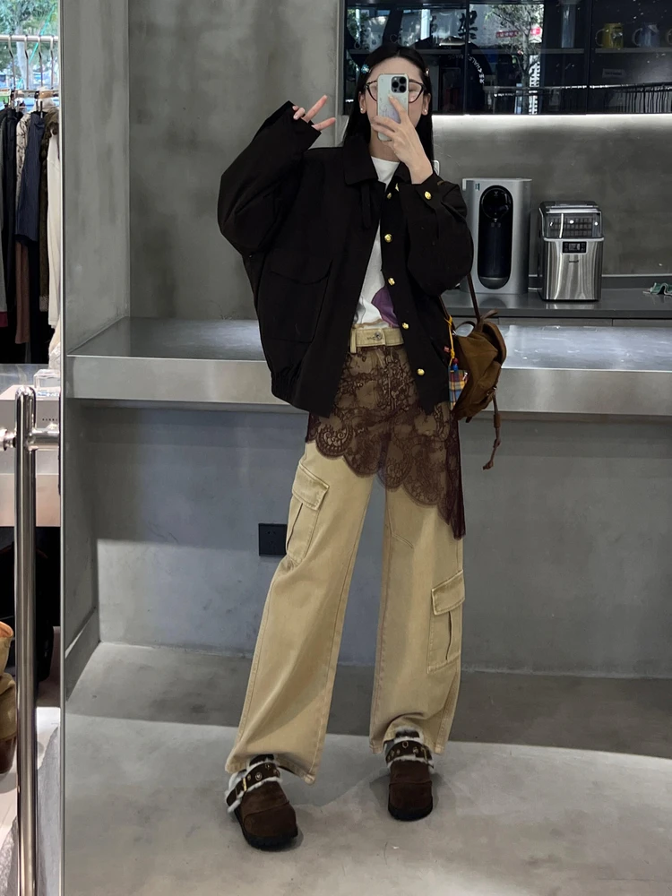 

Cuban Sle Spliced Lace Denim Pants Women's Casual Khaki Straight Leg Trendy Jeans Comfortable All Season l Waist