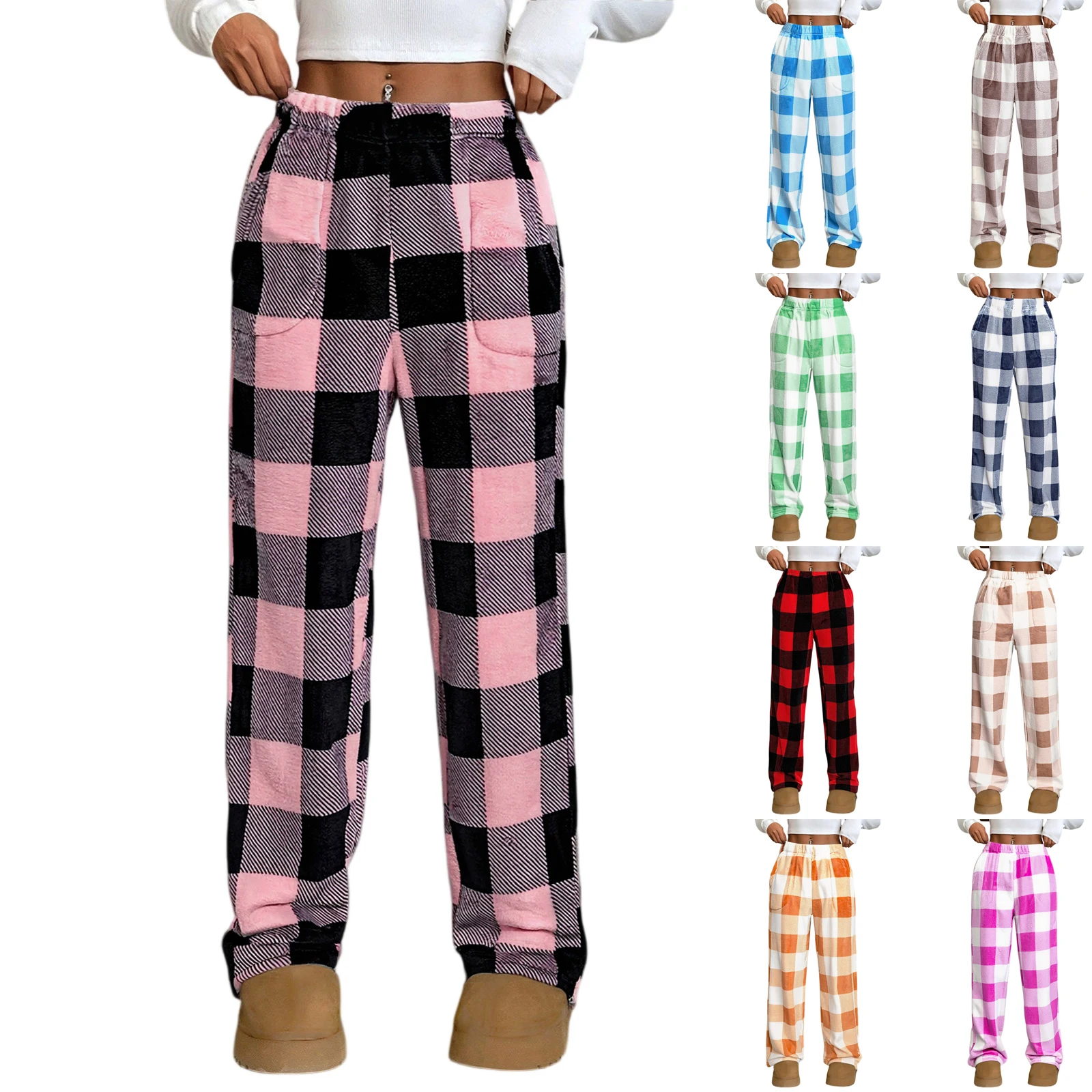 

Female Fashion Pajama Pants Casual Plaid Design Soft Elastic Waist Pajama Trousers Women Winter Home Daily Thermal Plush Pants