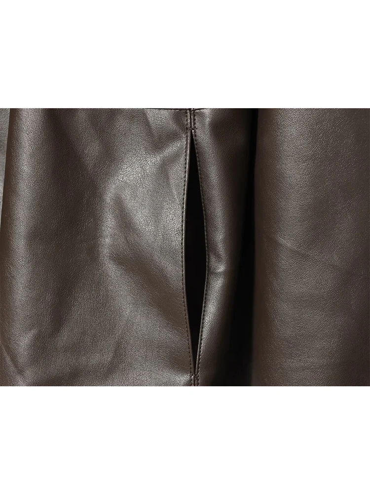 Women Vintage PU Leather Bomber Jackets Autumn New Zipper Stand Collar Long Sleeve Pocket Coat Casual Ladies Loose Streetwear