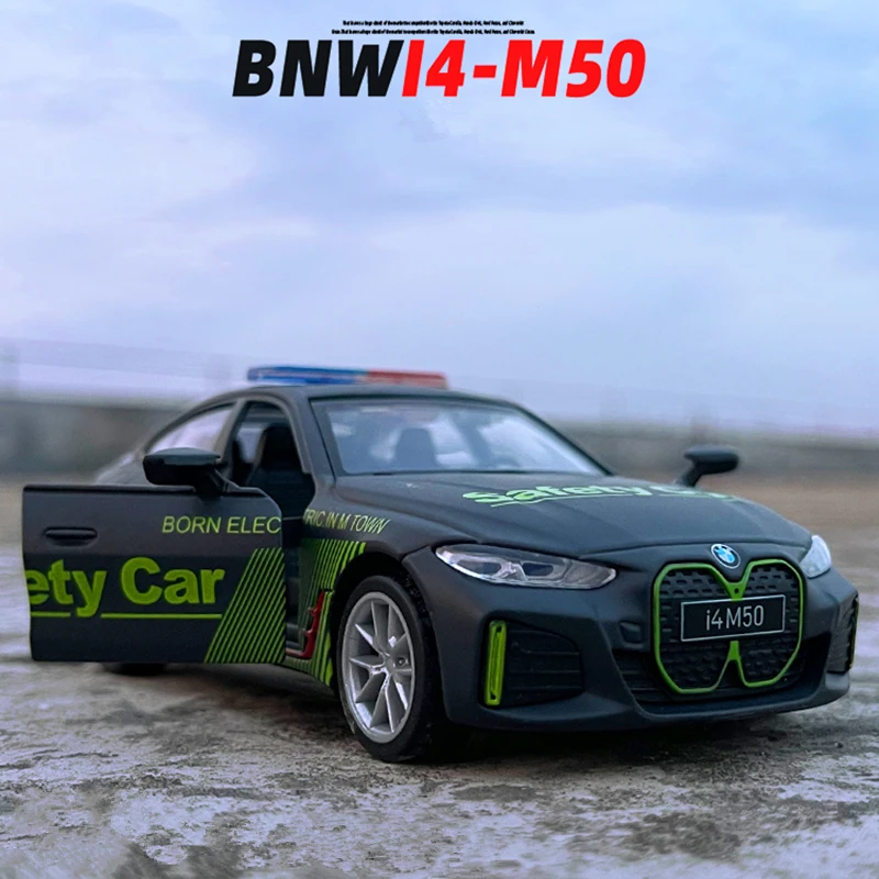 1:32 BMW I4 M50 Alloy New Energy Car Model Diecast Metal Police Vehicles Car Model Simulation Sound and Light Childrens Toy Gift