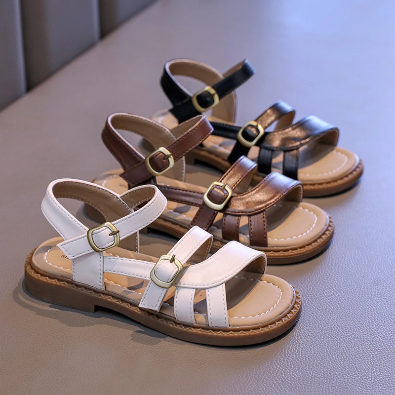 Kinder-Sommersandalen mit offener Zehenpartie, flache Schulschuhe für Mädchen, braun, schwarz, rutschfeste, lässige Strandsandalen für Kinder für den täglichen Gebrauch im Freien
