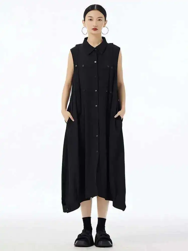 Feminino exército verde botão tamanho grande midi camisa casual vestido nova lapela sem mangas moda maré primavera verão