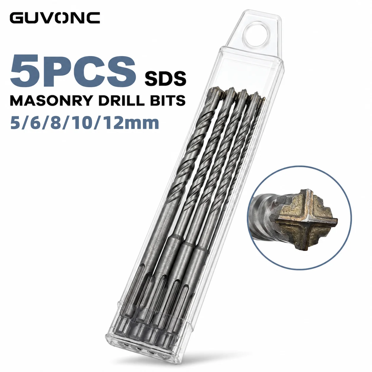 5Pcs SDS‑Plus Masonry Drill Bit Set, 4‑Cutter Carbide Cross Tip 5‑12mm for Concrete Brick Stone, Storage Case Included