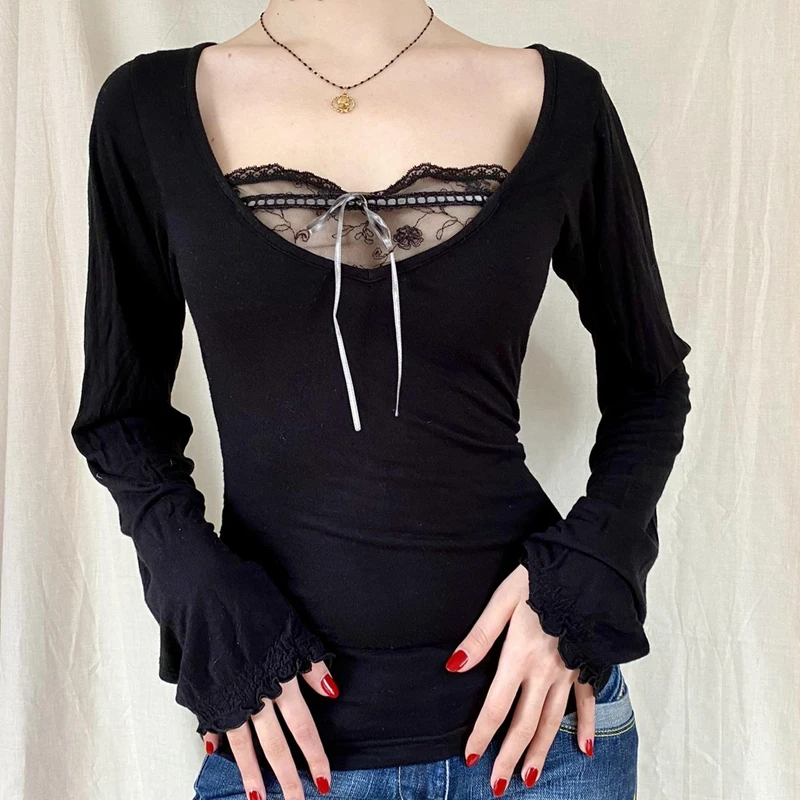 00s Vintage Fairycore Grunge Cute Chic Lace Bow Crop Top Long Sleeve Square Neck T-shirt Women Y2K Tee Full Aesthetic Streetwear