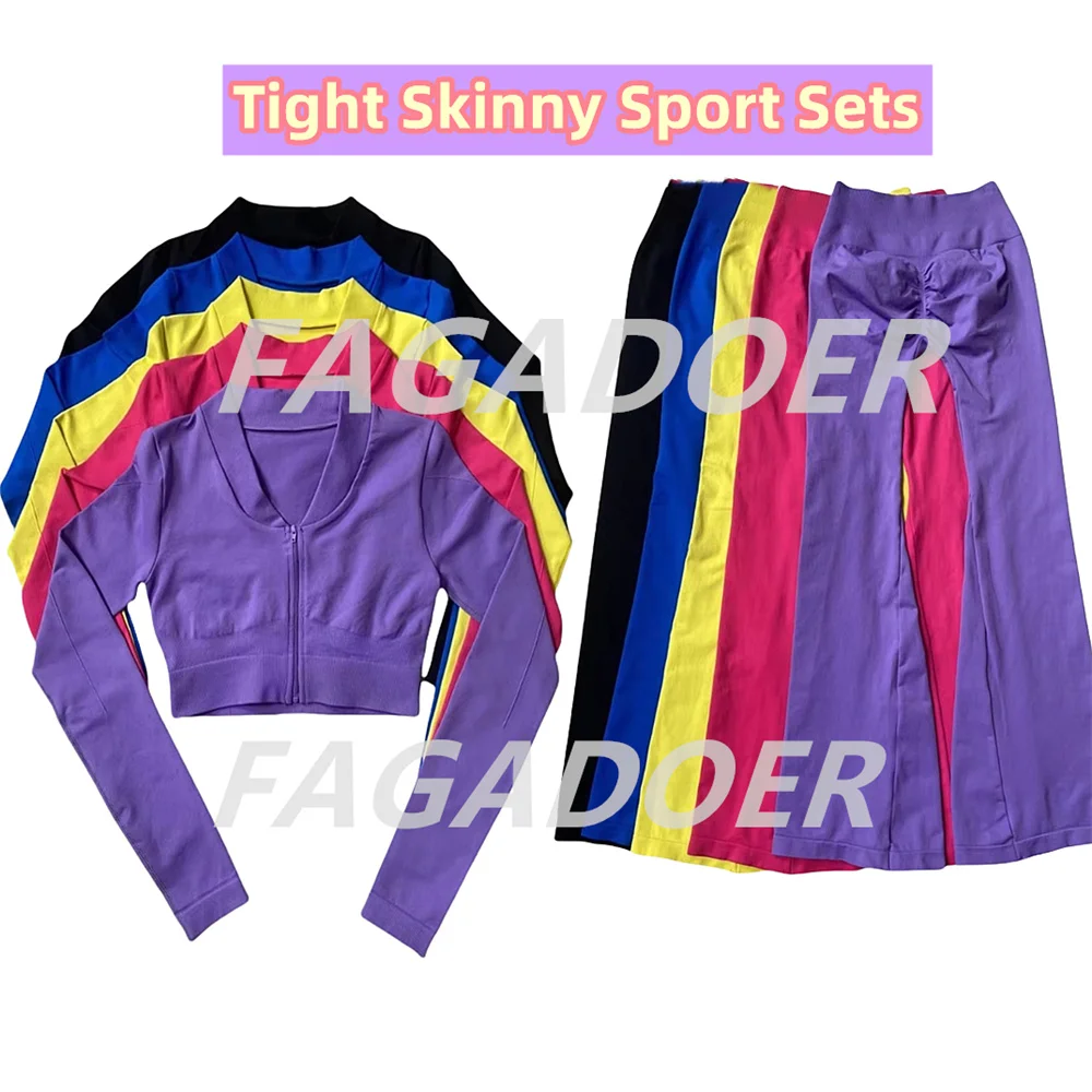 FAGADOER High Quality Women 3pcs Set Casual Tracksuit Stretchy Zip Crop Jacket+Vest+Flare Pants Matching Streetwear Sporty Suit