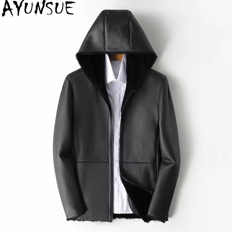 

AYUNSUE Natural Merino Sheepskin Fur Coat Men's Hooded Winter Short Real Wool Fur Man Leather Jacket Black Fur Coats Jackets