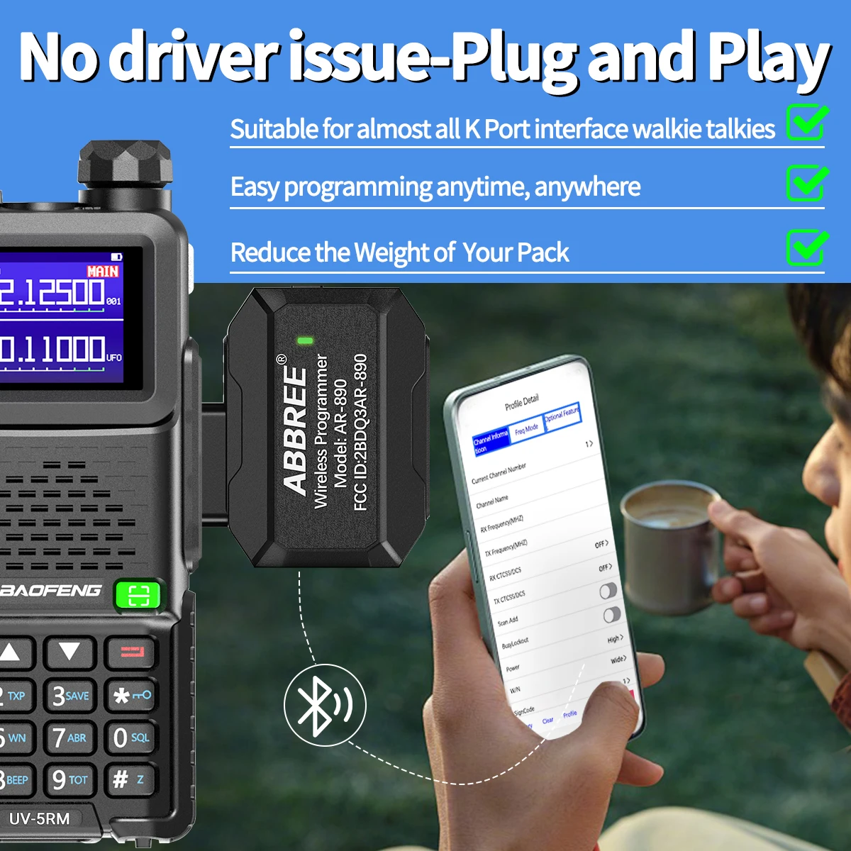 Baofeng Bluetooth Wireless Programmer No Driver Issue K-Plug for Baofeng UV-25 BF-888S UV-82 Quansheng UV-K5 UV-K6 Walkie Talkie