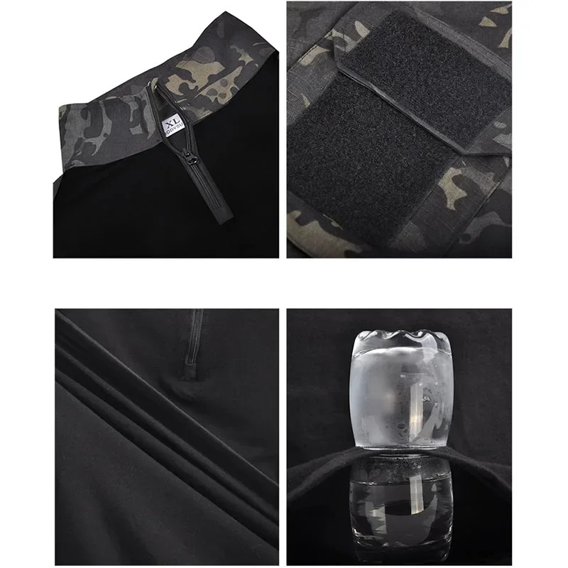 Black Camo Training Set Mens Half Zip Combat Tops Waterproof Tactical Suit Elastic Multiple Pockets Quick Drying 3-pcs