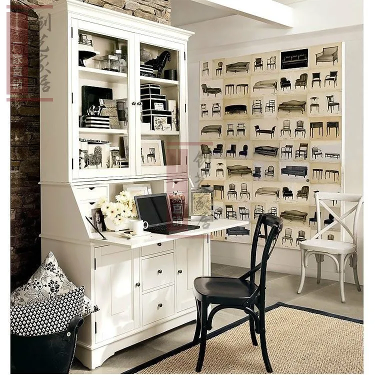 Solid wood desk bookcase combination French computer desk bedroom flip dressing table multi-function writing desk