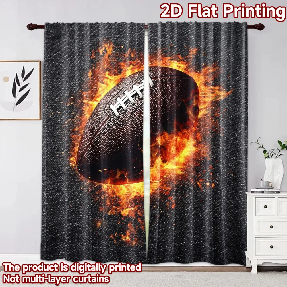 2pcs Fire Football Curtains American Sports Rugby Window Drapes Cool Flame Boys Room Living Room Bedroom Decor