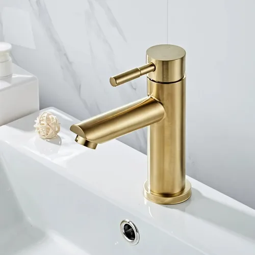 Grifo de baño de latón macizo, grifo de lavabo de baño, mezclador de agua fría y caliente, grifo de fregadero, grifo de oro cepillado montado en cubierta de una sola manija