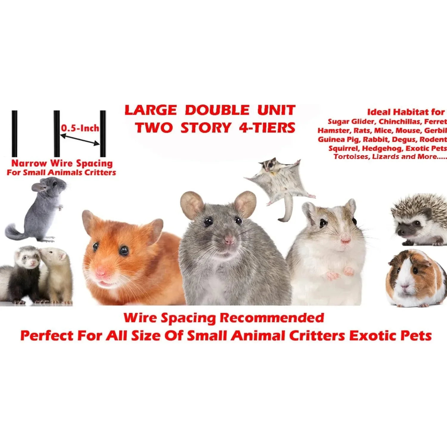 Two Story Double Unit 4Floors Small Animal Cage Tight 1/2Inch Bar Spacing for Feisty Squirrel Rat Mice Glider with Rolling Stand