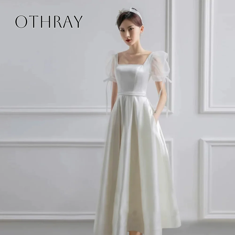 Square A-line Bridal Gown Tulle Short Sleeves Satin Ankle Length Corset Customized Vestidos De Novia