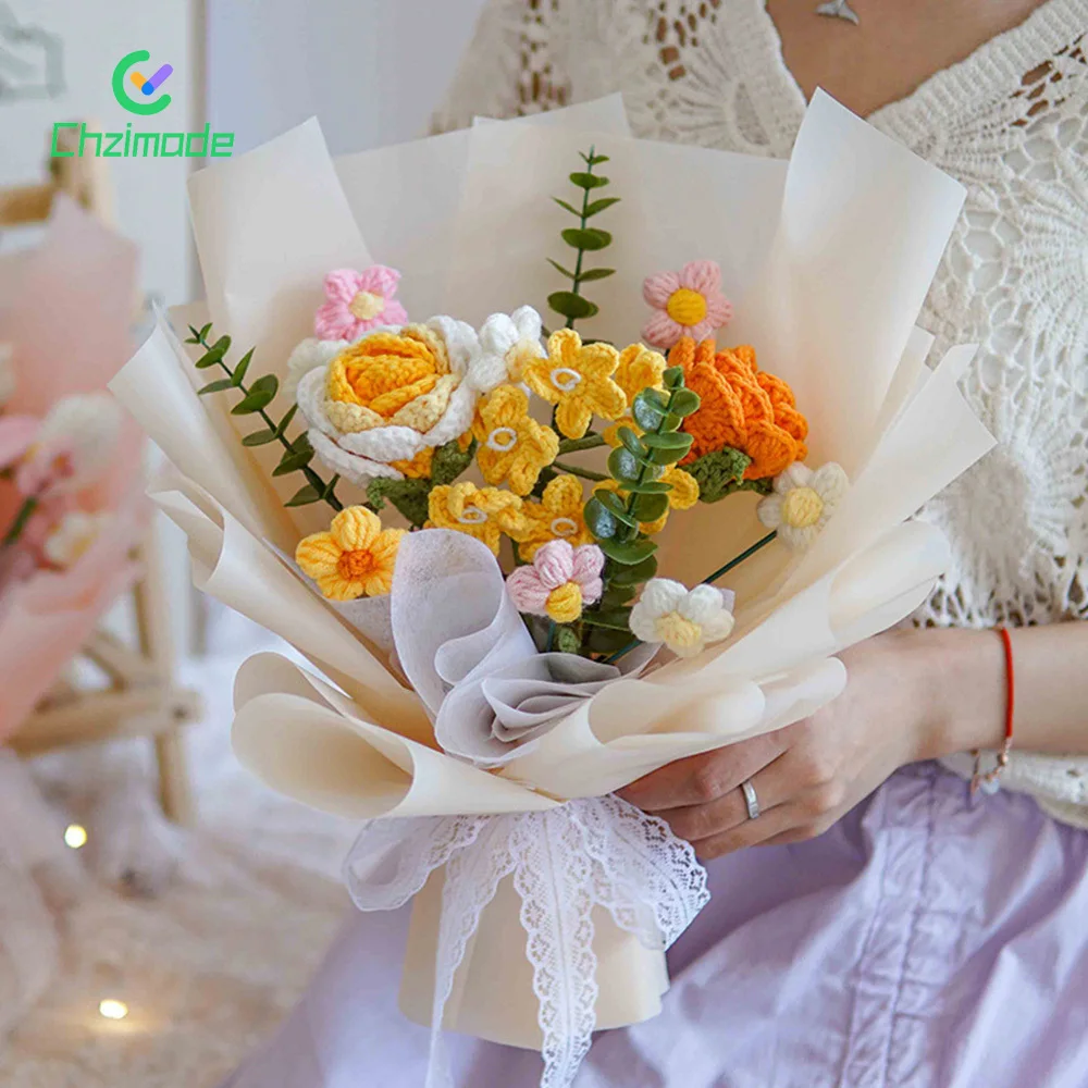 

8/14PCS Simulation Woven Flower Bouquet DIY Braided Sunflower Rose Tulip Immortal Artificial Flowers Gift for Wedding Party