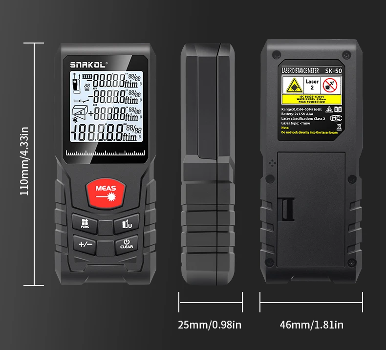 SNAKOL SK-120 Laser-Entfernungsmesser, 50/70/100/120 m hochpräziser Entfernungsmesser, IP54 wasserdichtes digitales Messwerkzeug – Detail 8