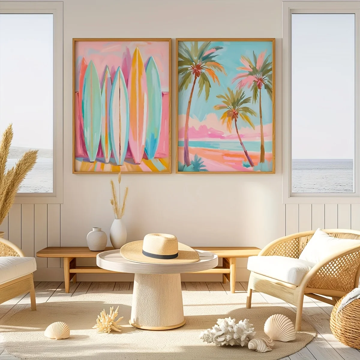 Pastel Ocean Wall Art Set of 2, Coastal Colorful Beach Poster House Decor, Gift for Beach Lovers and Surfers, Surf Wall Art, Coa