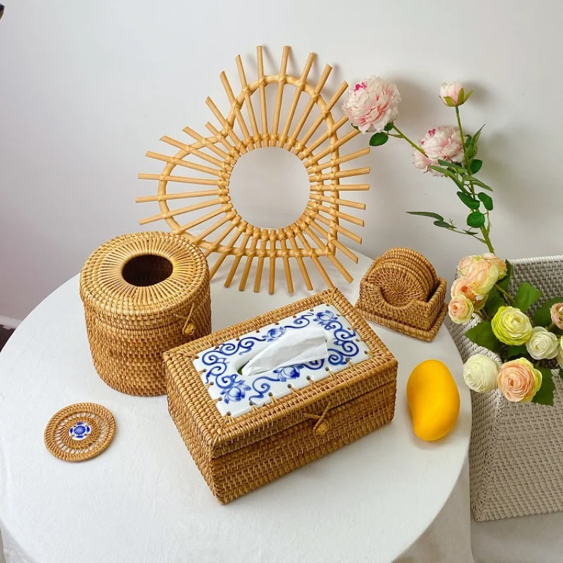 

Handmade Rattan Tissue Box Creative Rattan Woven Rectangular Storage Box Vintage Straw Bamboo Products Home Decoration Organizer