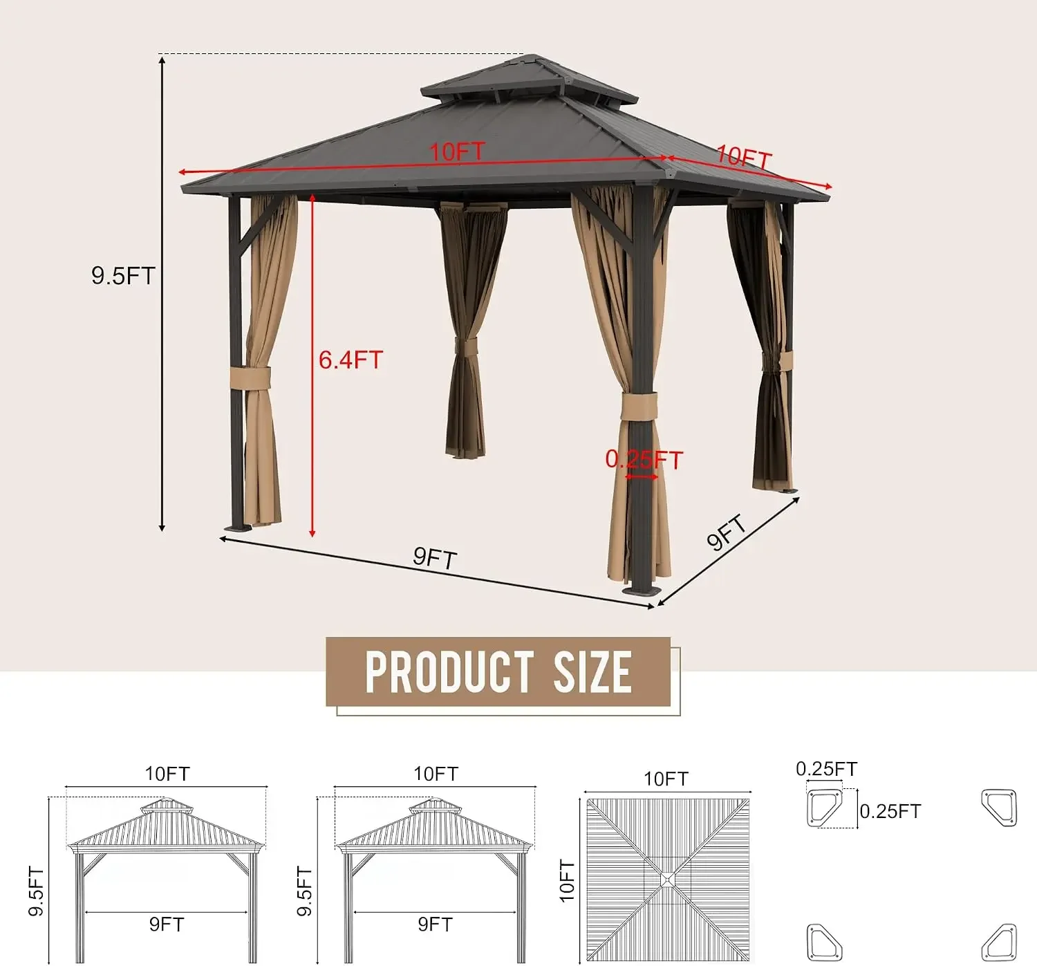 Hardtop Gazebo 10' x 10', Outdoor Aluminum Frame Pergolas | Galvanized Steel Double Roof Pavilion with Netting and Shaded view 2