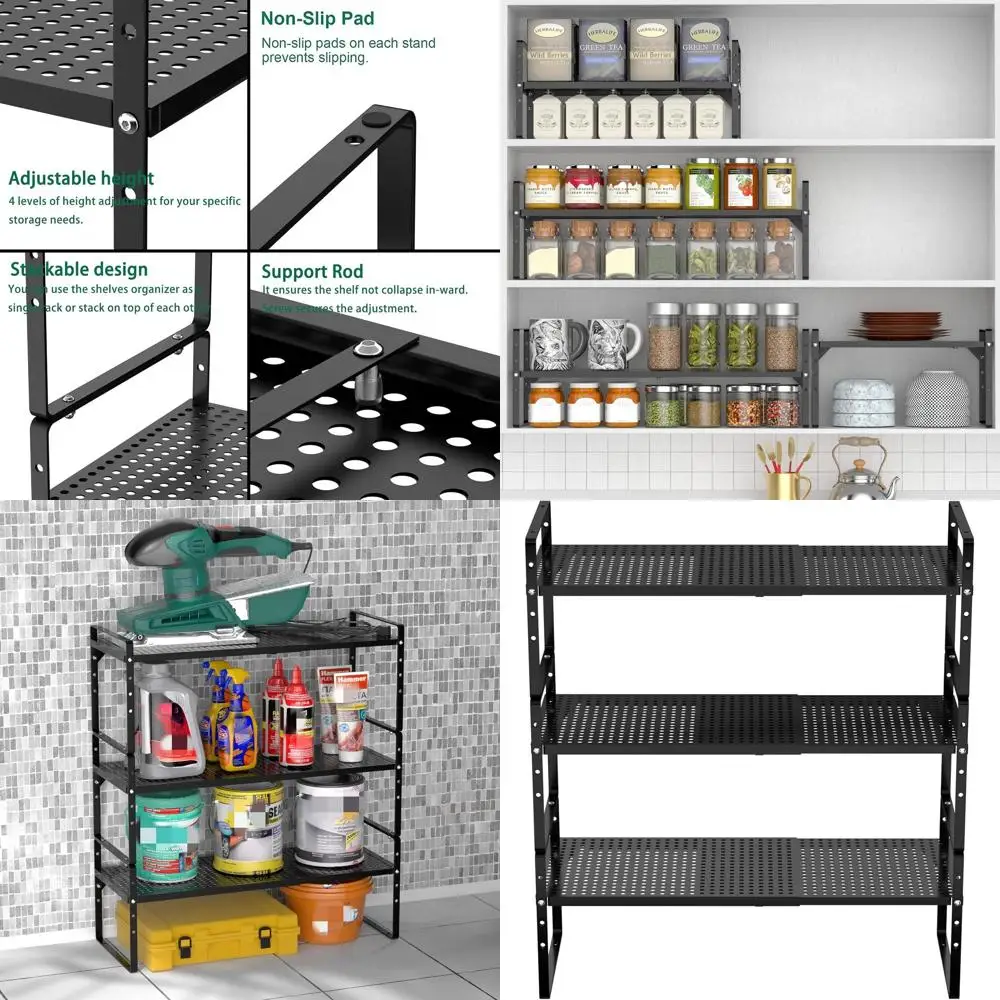

Expandable Metal Cabinet Storage Shelves, Adjustable Height Kitchen Organizers, Spice Rack for Pantry, Bathroom, Home Office, 3-