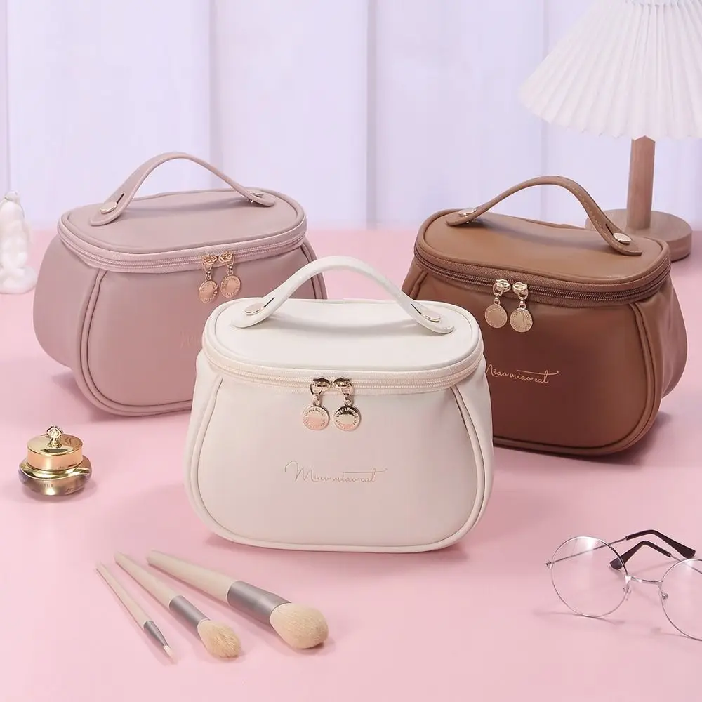 Fashion Toiletry Bag Cosmetic Organizer Makeup Bag Multiple Compartment Wide Opening PU Leather