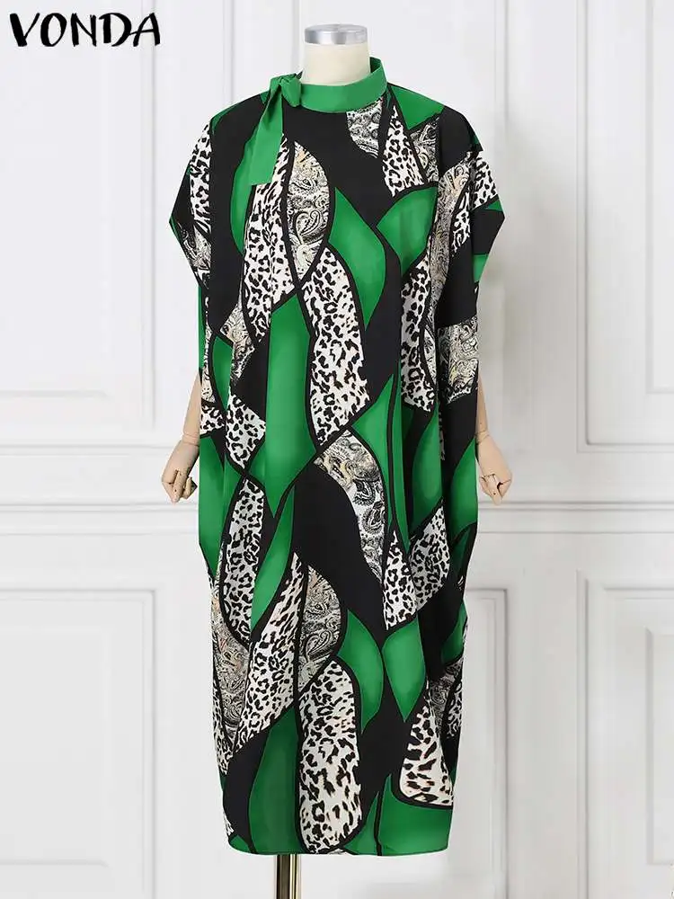 VONDA gaun wanita ukuran Plus Sundress Maxi motif macan tutul Bohemian gaun setengah kerah tinggi 2024 Vestidos lengan kelelawar