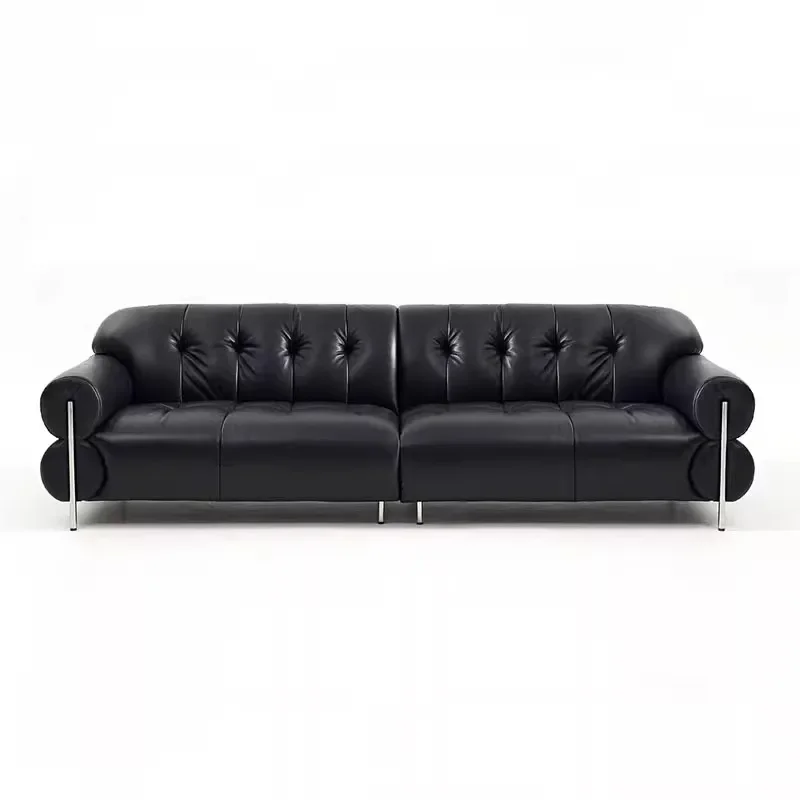

French retro sofa light luxury antique living room sofa, black leather high feet, hair small apartment