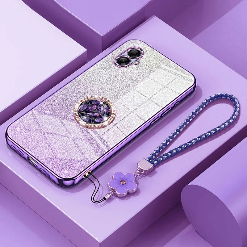 A04E Luxury Glitter Case with Ring For Samsung galaxy A04E A04s A02 A13 A03 A03s Cover with Lanyard Shockproof Holder Case A04 E