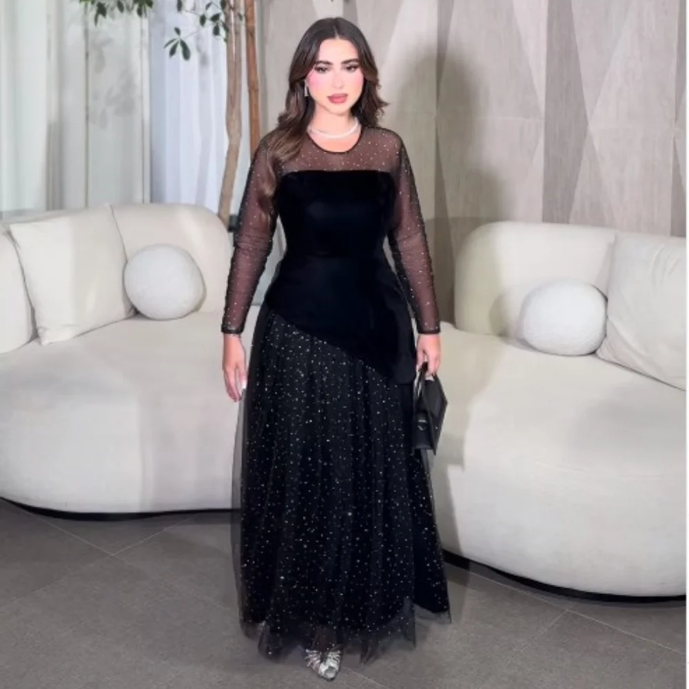 Customized A-line O-Neck Tulle Prom Gowns Ankle-Length Sequined Long Sleeve Evening Dresses Black Party Dresses  فساتين سهرة