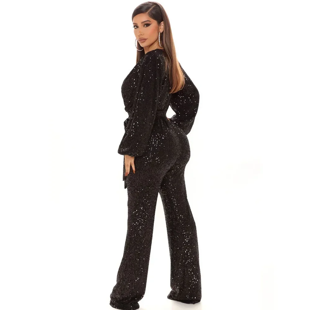 Womens Rompers Autumn High End Sequin Deep V Neck Long Sleeved Jumpsuit for Women